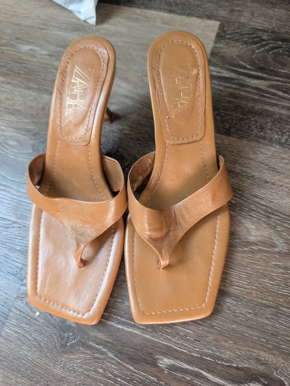 Zara Women Heeled Leather Square Toe Sandals Brown 2358/105